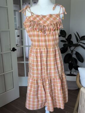 Vintage Summer Plaid Tie-Shoulder Tiered Midi 70's Dress